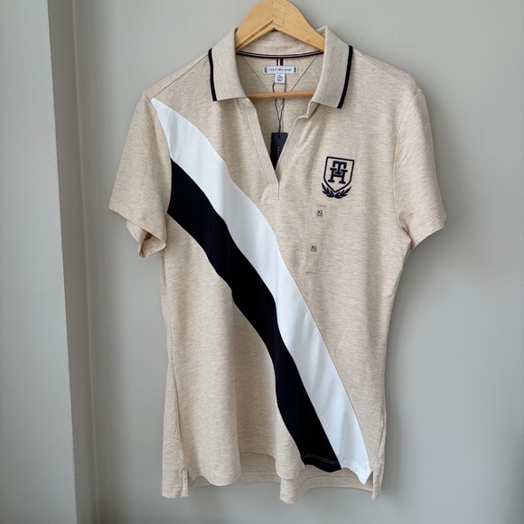 NWT TOMMY HILFIGER XL Beige and Black Short Sleeve VNeck Polo Shirt Casual LOGO - Picture 2 of 6